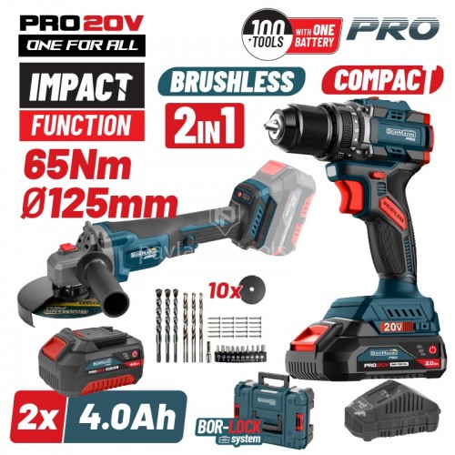 Σετ Δραπανοκατσάβιδο Κρουστικό Compact Brushless Μπαταρίας και Γωνιακός τροχός Bormann Pro BBP5433X44T2 2x4ah 083269