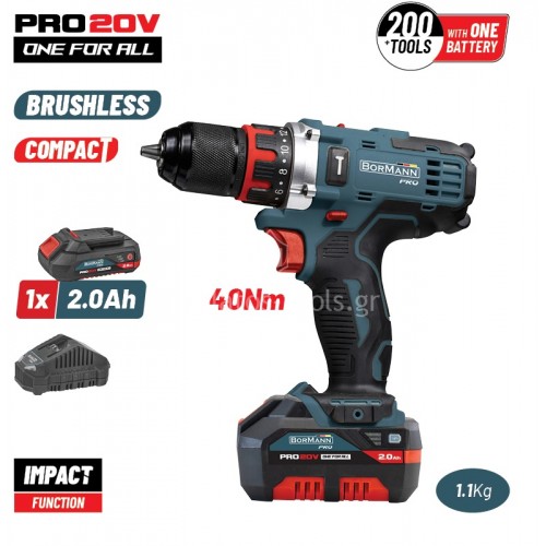  Δραπανοκατσάβιδο κρουστικό Compact Brushless Μπαταρίας 20V Li-Ion 40Nm Bormann Pro BBP5446x2 44CA 1x2ah 083597