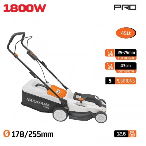 Ηλεκτρική μηχανή γκαζόν Nakayama 1800 Watt 43cm 45 L κάδος ρύθμιση 5 θέσεων (25-75mm) EM4021 084372