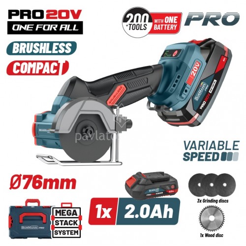 Mini Γωνιακός τροχός Bormann Brushless ρυθμιζόμενος 20 V  0-7000/14000/20000rpm (1x2.0Ah) BBP5418X2CA 085027