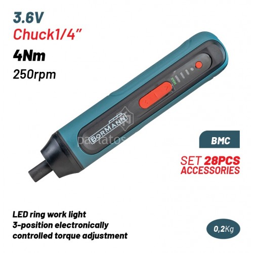 Κατσαβίδι Μπαταρίας Bormann 3.6V Li-Ion 4Nm 250rpm 3 Θέσεις Ροπής Led BMC Σετ 28 Αξεσουάρ BCD1051CA 086482