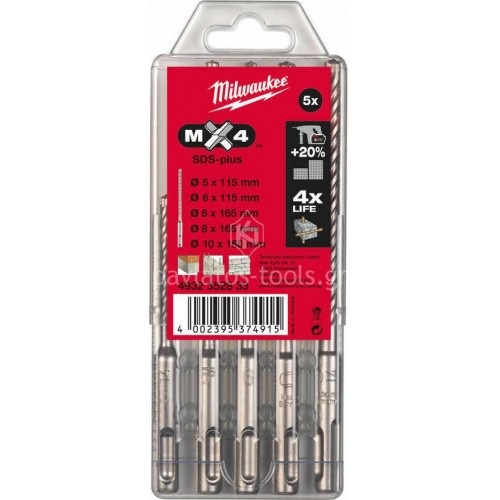 Σετ Τετράκοπα Τρυπάνια Milwaukee 5 τεμαχίων M4 sds-plus 4932352833 