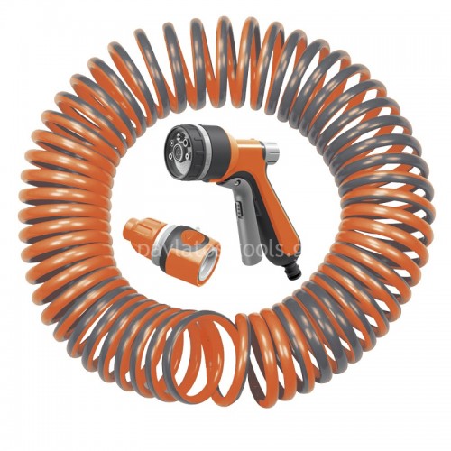 Σωλήνας σπιράλ Kraft 15m με πιστόλι 7 μοτίβων ψεκασμού+σετ ταχυσυνδέσμων 692149