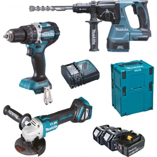 Σετ Makita 18 V Κρ.Δραπ/δο DHP484+Πιστολέτο 3 λειτουργιών DHR243+Γων.τροχός DGA513 σε 2 makpak (3x5.0Ah) DLX3119TJ