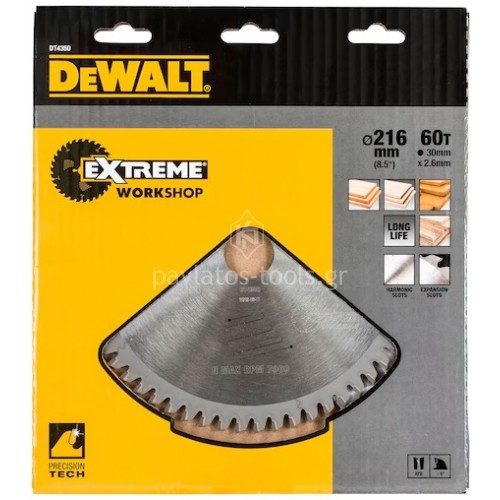 Δίσκος ξύλου Dewalt 216x30mm 60 δόντια ATB -5° DT4350